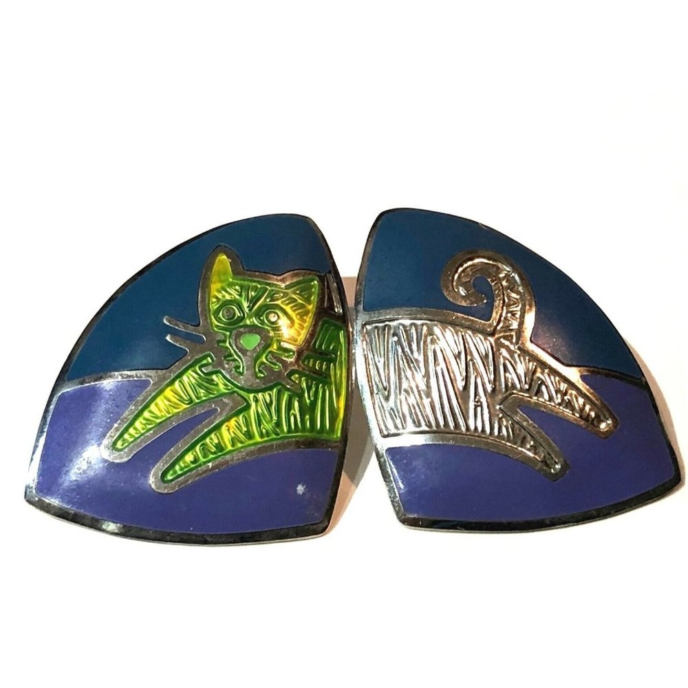VINTAGE BEREBI BLUE ENAMEL EARRINGS CAT design head tail split